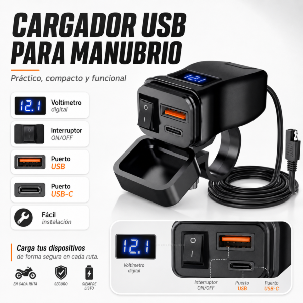 Cargador Rápido Motocicleta 12v Puerto Usb Y Tipo C