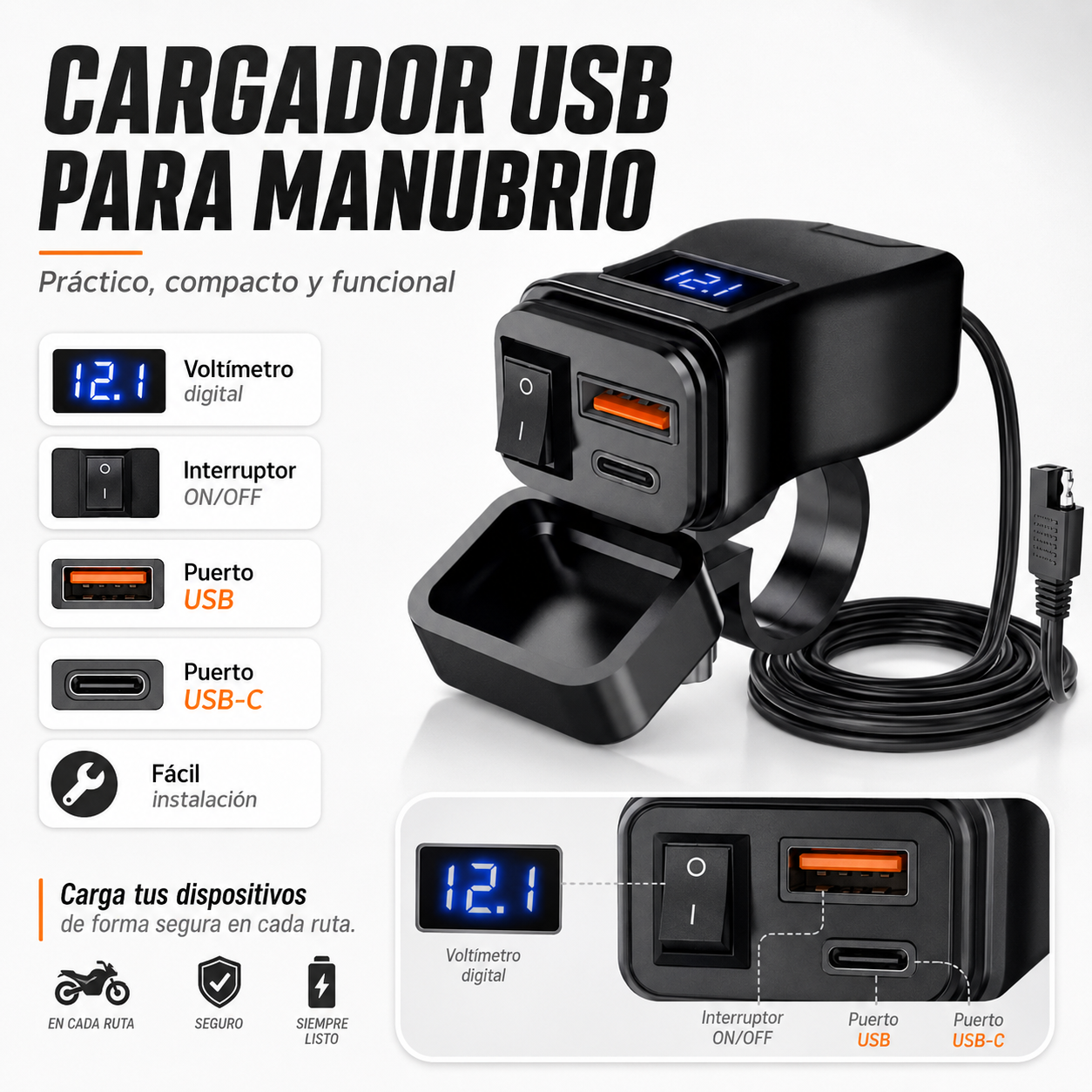 Cargador Rápido Motocicleta 12v Puerto Usb Y Tipo C Cargador Rápido Motocicleta 12v Puerto Usb Y Tipo C